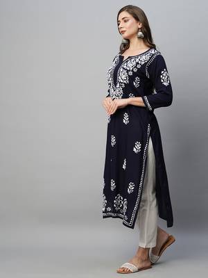 hand embroidered navy blue rayon lucknowi chikankari straight kurta 5