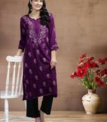hand embroidered purple rayon lucknowi chikankari straight kurta 