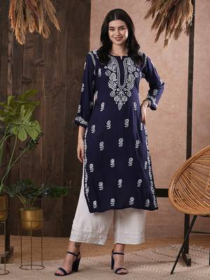 hand embroidered navy blue rayon lucknowi chikankari straight kurta 1
