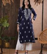hand embroidered navy blue rayon lucknowi chikankari straight kurta