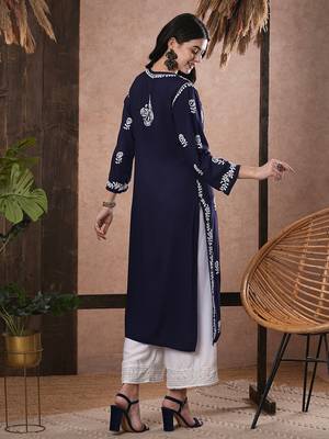 hand embroidered navy blue rayon lucknowi chikankari straight kurta 2