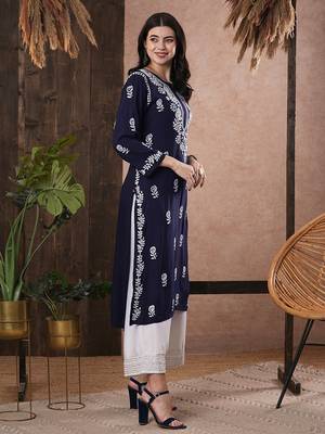 hand embroidered navy blue rayon lucknowi chikankari straight kurta 3