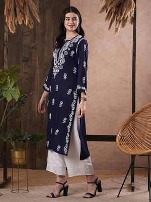 hand embroidered navy blue rayon lucknowi chikankari straight kurta 4
