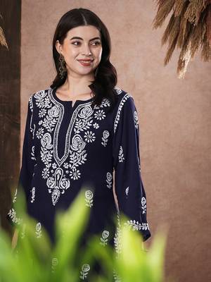 hand embroidered navy blue rayon lucknowi chikankari straight kurta 5