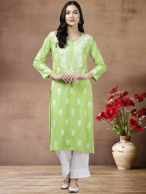 hand embroidered liril green rayon lucknowi chikankari straight kurta  1
