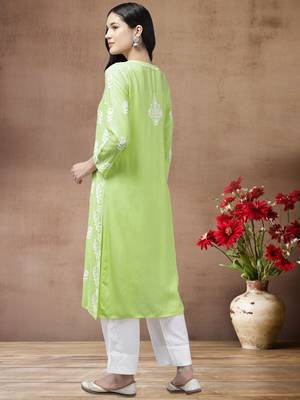 hand embroidered liril green rayon lucknowi chikankari straight kurta  2