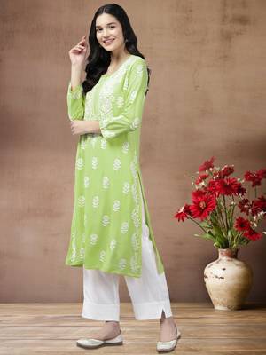 hand embroidered liril green rayon lucknowi chikankari straight kurta  3