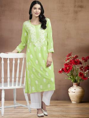 hand embroidered liril green rayon lucknowi chikankari straight kurta  4