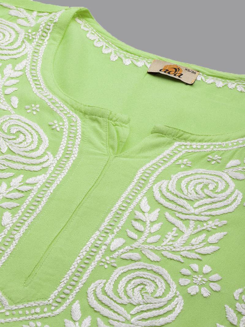 hand embroidered liril green rayon lucknowi chikankari straight kurta 