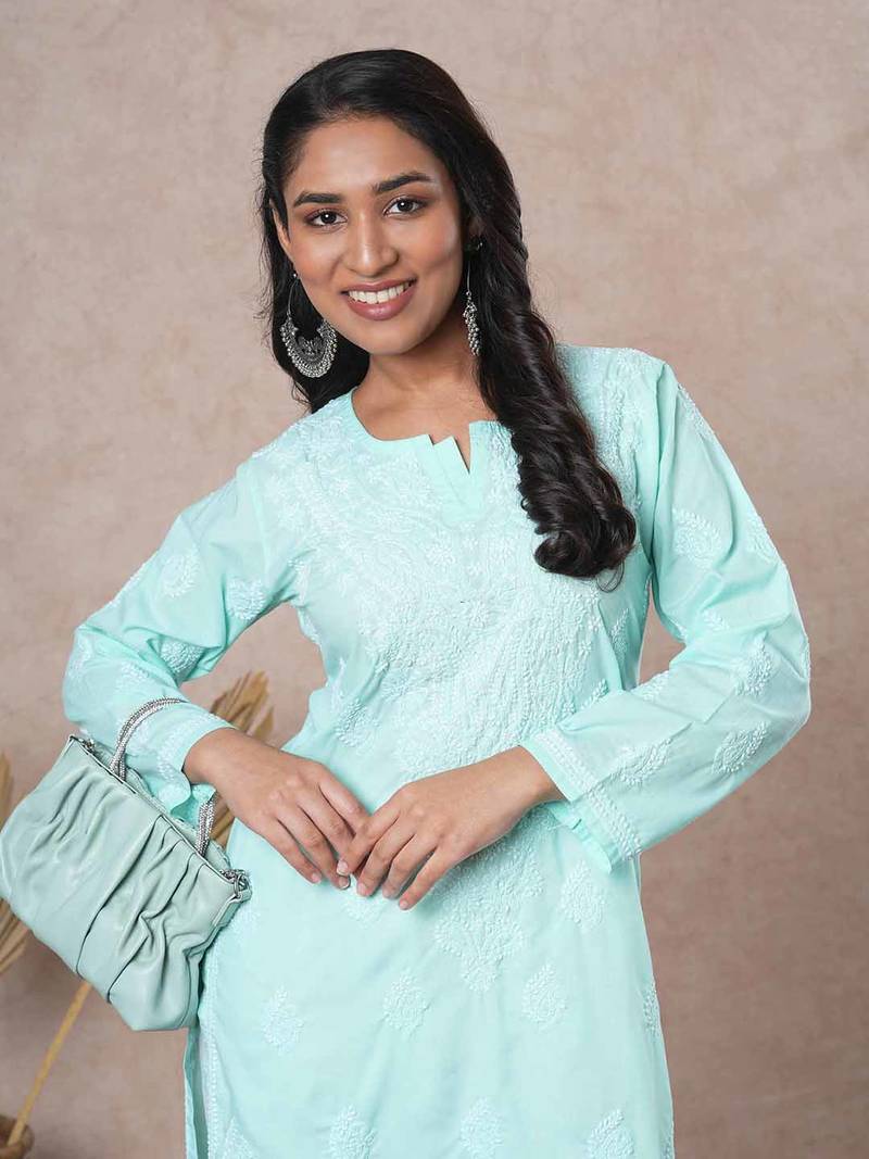 hand embroidered sea green cotton lucknowi chikankari straight kurta 