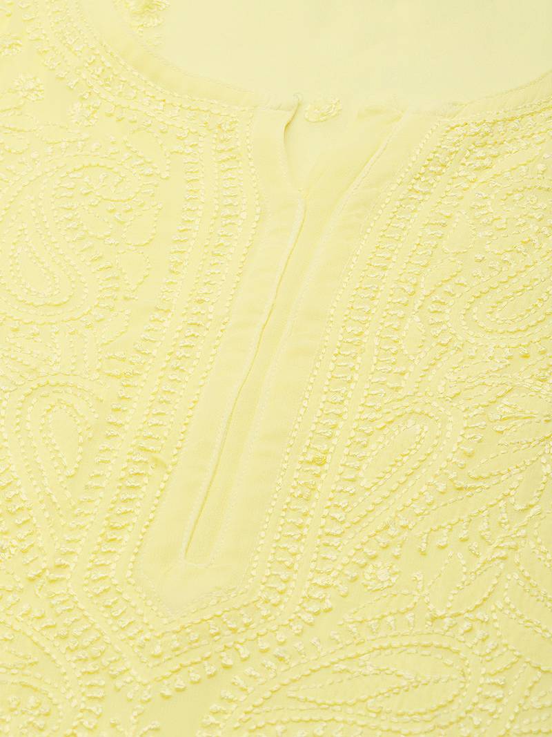 hand embroidered yellow georgette lucknowi chikankari straight kurta 
