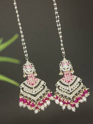 Ethnic gold plated kundan meenakari pearl hanging with ear chain earrings for women  1