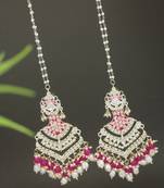 Ethnic gold plated kundan meenakari pearl hanging with ear chain earrings for women