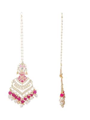 Ethnic gold plated kundan meenakari pearl hanging with ear chain earrings for women  2