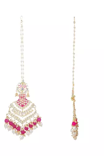 Ethnic gold plated kundan meenakari pearl hanging with ear chain earrings for women 