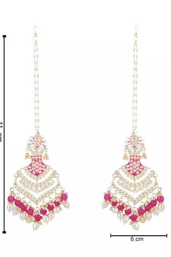 Ethnic gold plated kundan meenakari pearl hanging with ear chain earrings for women 