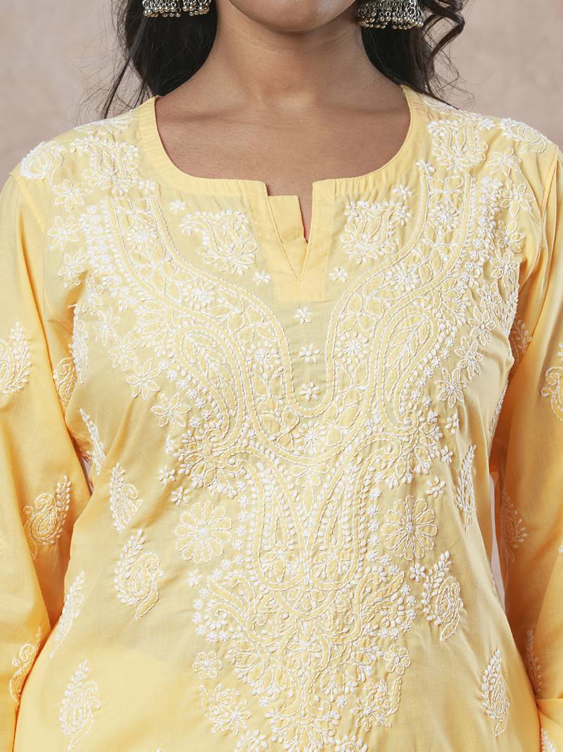 hand embroidered yellow cotton lucknowi chikankari straight kurta 