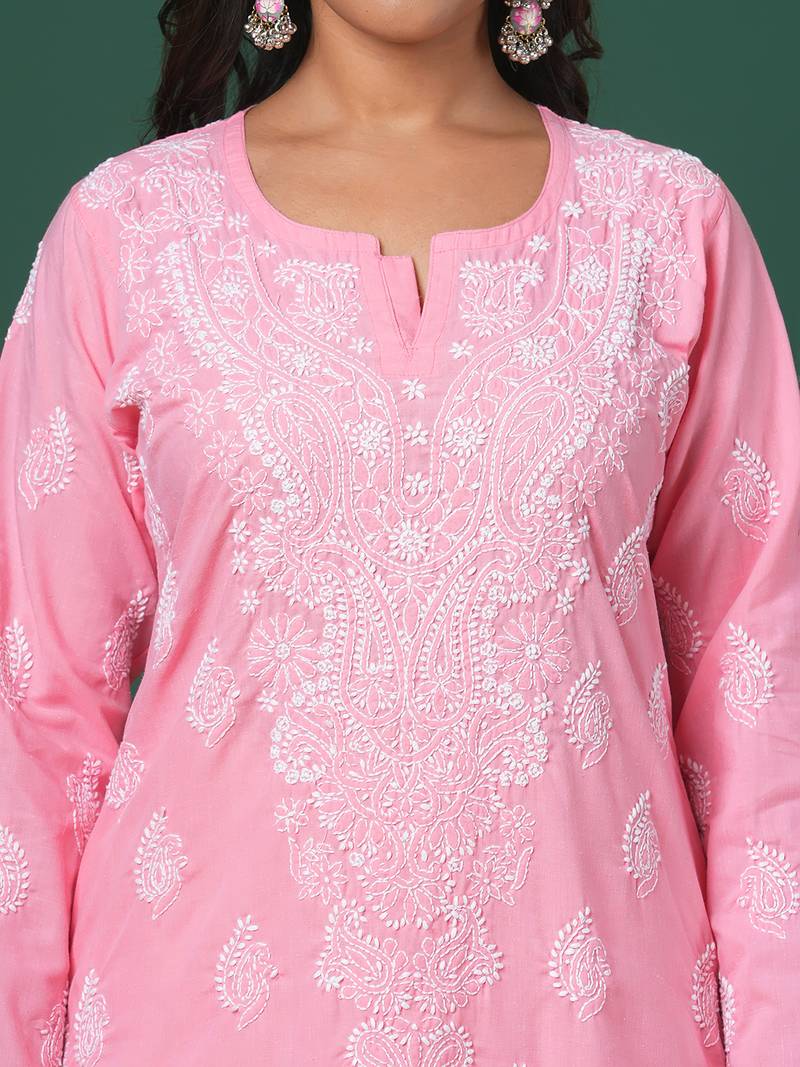 hand embroidered dark peach cotton lucknowi chikankari straight kurta 