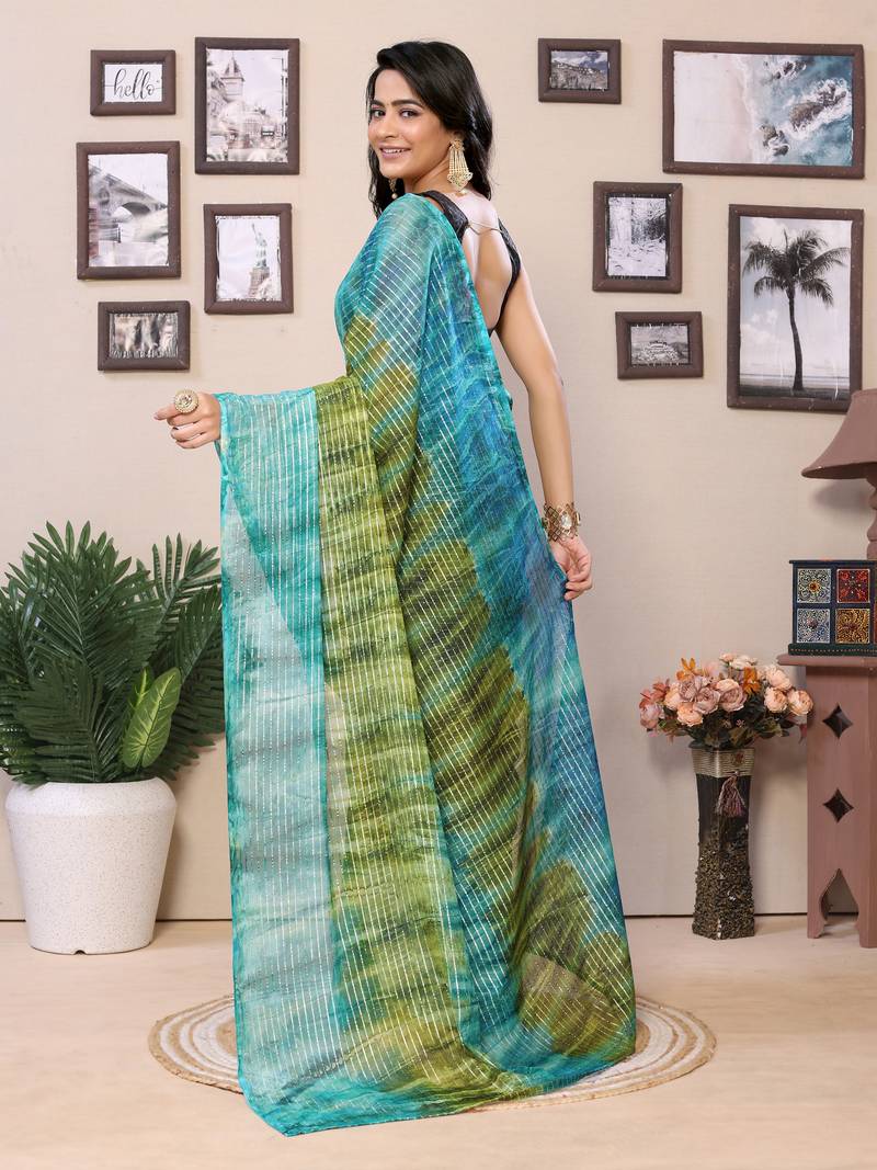 Ready To Wear Teal Fancy Gerogette Padding Saree With Blouse