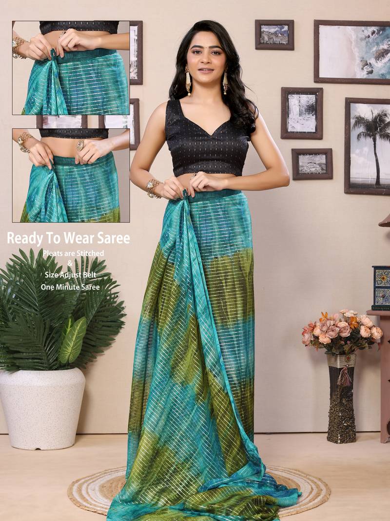 Ready To Wear Teal Fancy Gerogette Padding Saree With Blouse