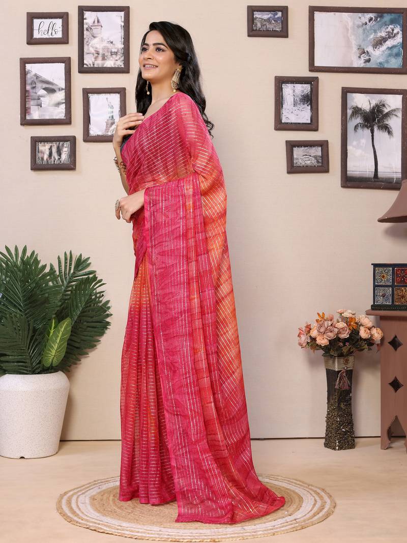 Ready To Wear Pink Fancy Gerogette Padding Saree With Blouse