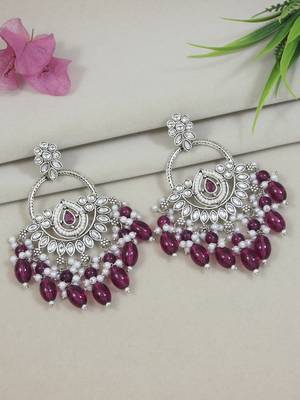 silver plated traditional kundan & pearl chandbali dangle earrings for women 1