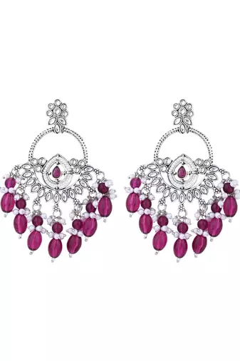 silver plated traditional kundan & pearl chandbali dangle earrings for women