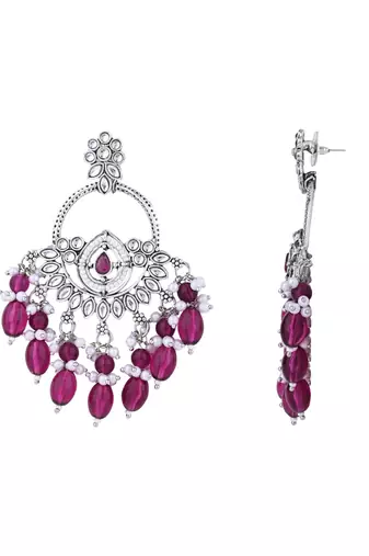 silver plated traditional kundan & pearl chandbali dangle earrings for women