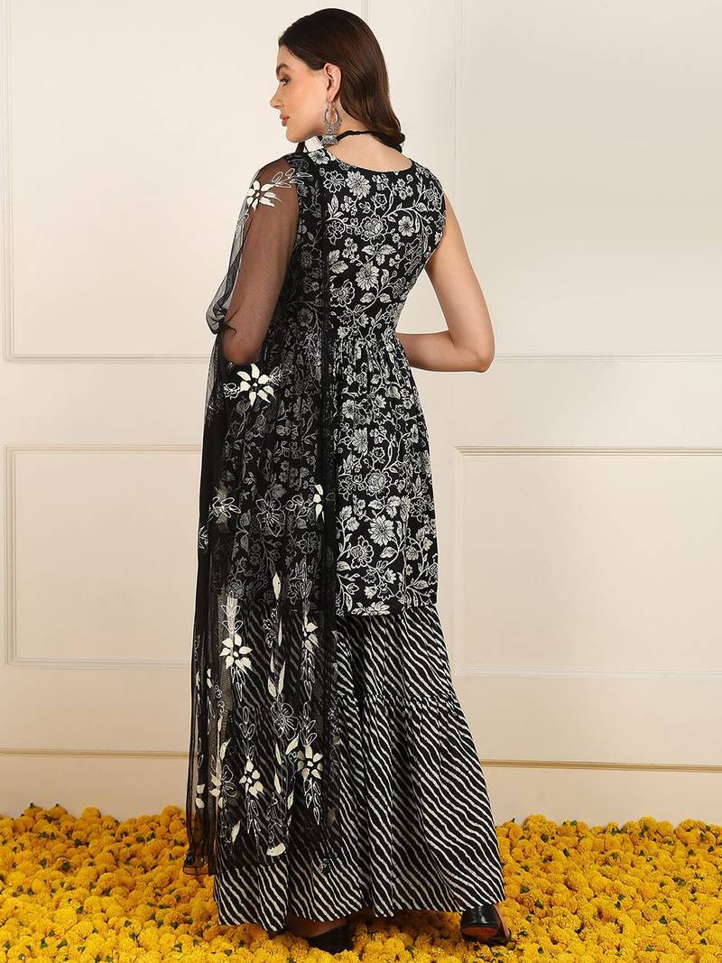 women black cotton floral printed embroidered anarkali kurta trouser with dupatta