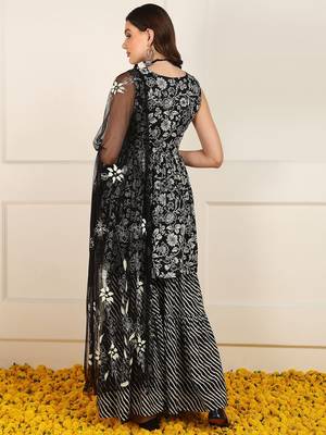 women black cotton floral printed embroidered anarkali kurta trouser with dupatta 7