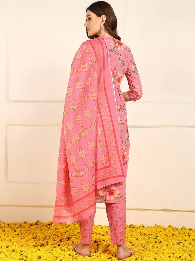 women pink pure cotton floral embroidered a-line kurta trouser with dupatta