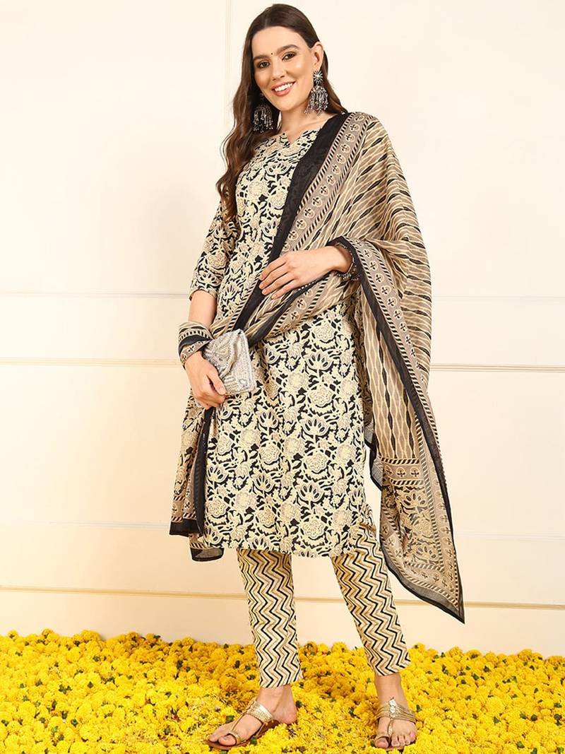 women black pure cotton floral printed straight kurta trouser with dupatta