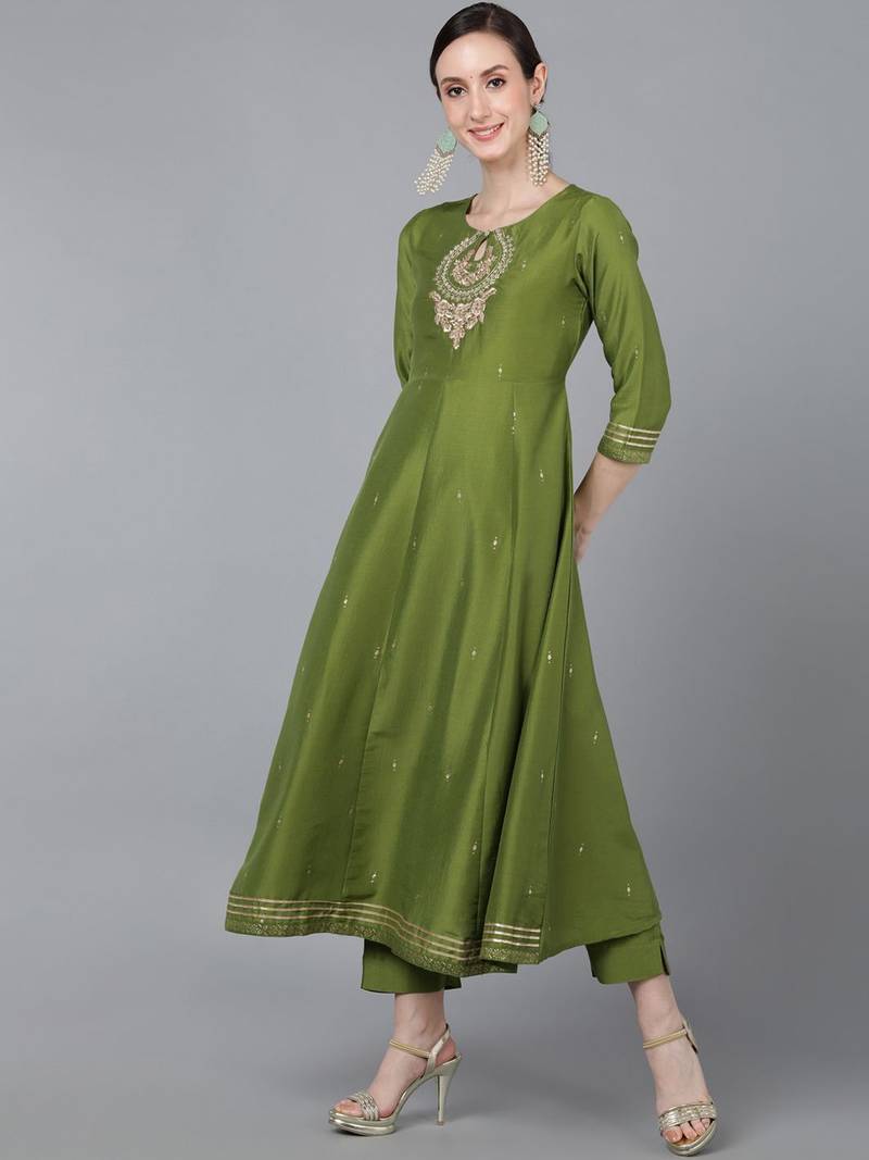 green embroidered poly silk kurta trousers with dupatta