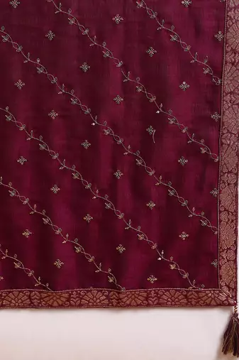 burgundy color embroidered silk blend styles kurta palazzo with dupatta