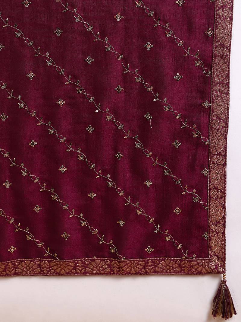 burgundy color embroidered silk blend styles kurta palazzo with dupatta