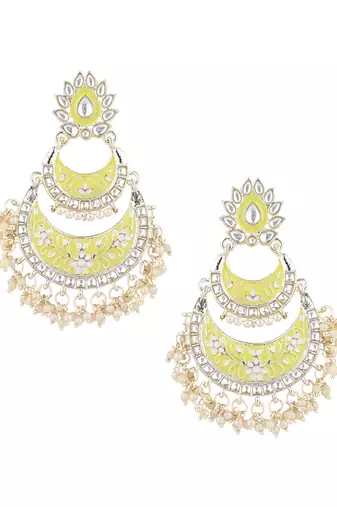 gold plated traditional meenakari kundan & pearls chandbali earrings for women