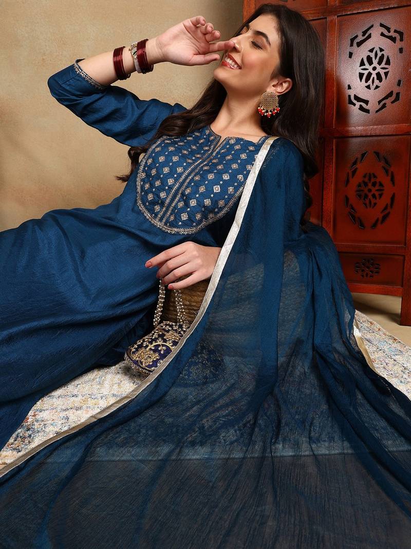 blue color embroidered silk blend styles kurta trouser with dupatta
