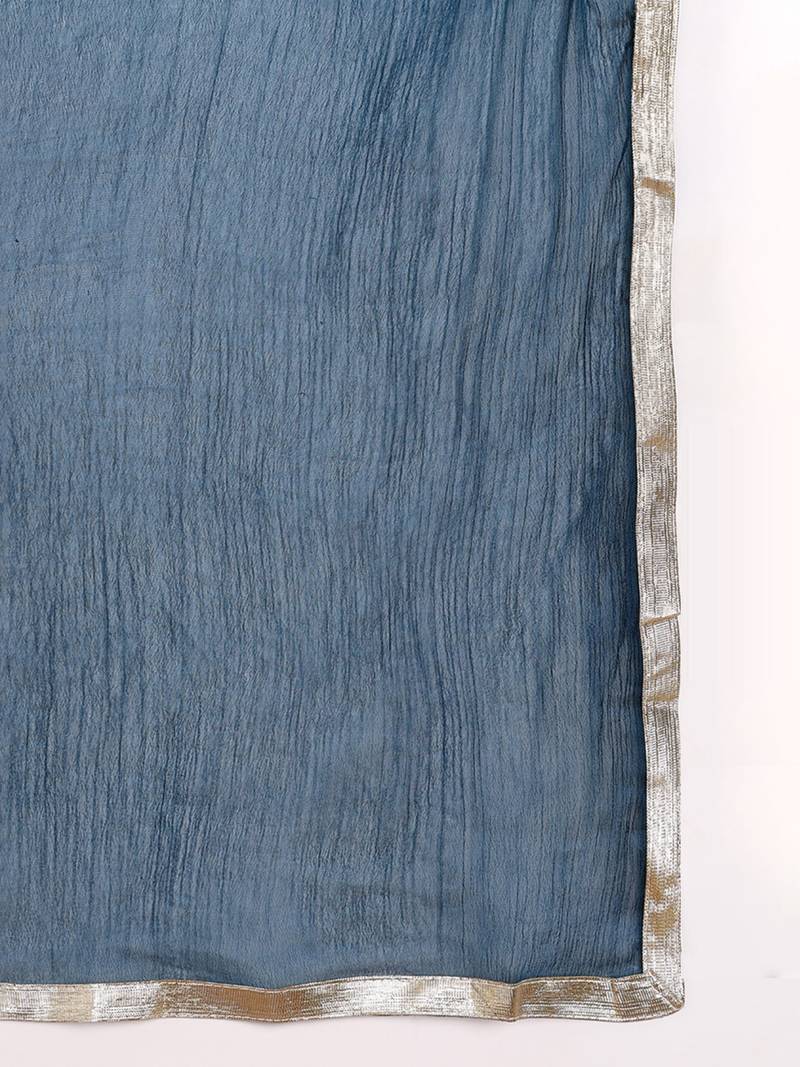 blue color embroidered silk blend styles kurta trouser with dupatta