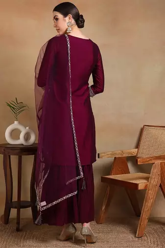 burgundy color embroidered silk blend styles kurta sharara with dupatta