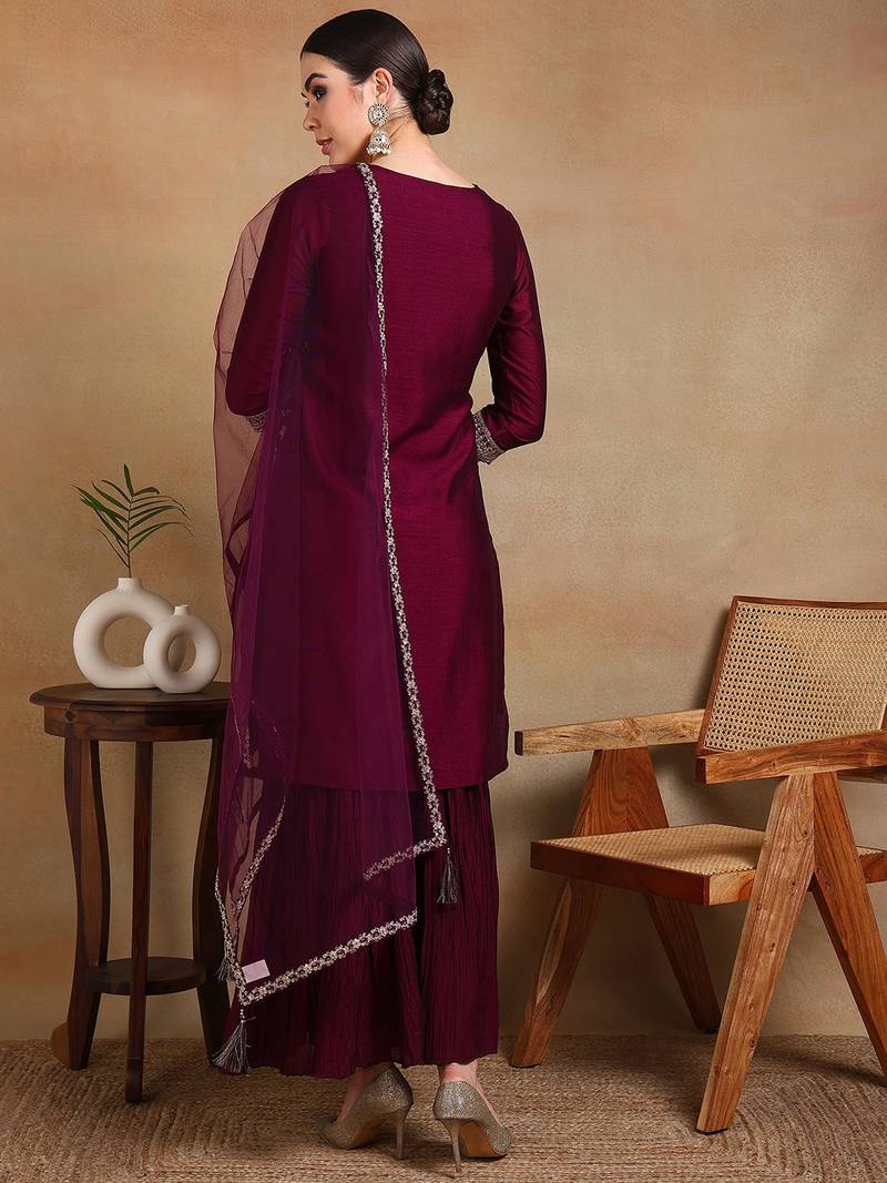 burgundy color embroidered silk blend styles kurta sharara with dupatta