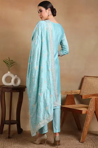blue color embroidered silk blend styles kurta trouser with dupatta