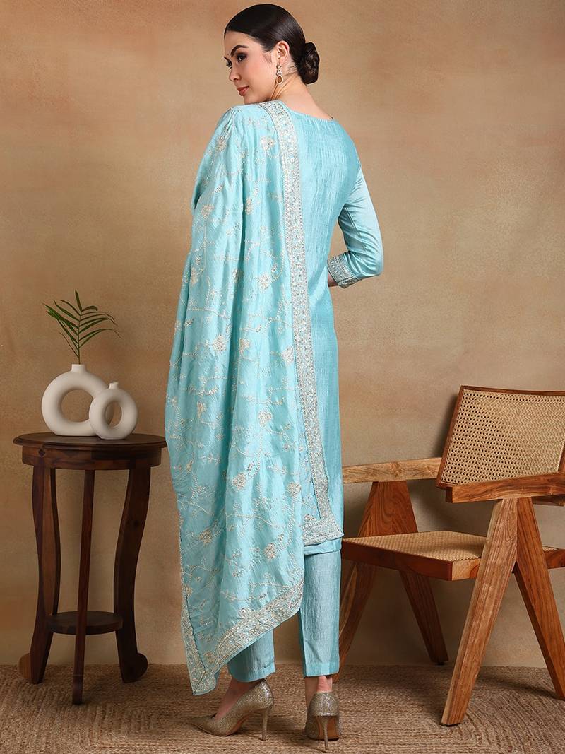 blue color embroidered silk blend styles kurta trouser with dupatta