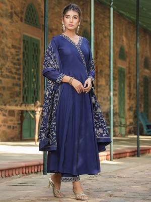 navy blue color embroidered poly georgette styles kurta palazzo with dupatta 6
