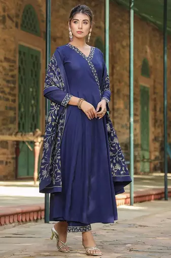 navy blue color embroidered poly georgette styles kurta palazzo with dupatta