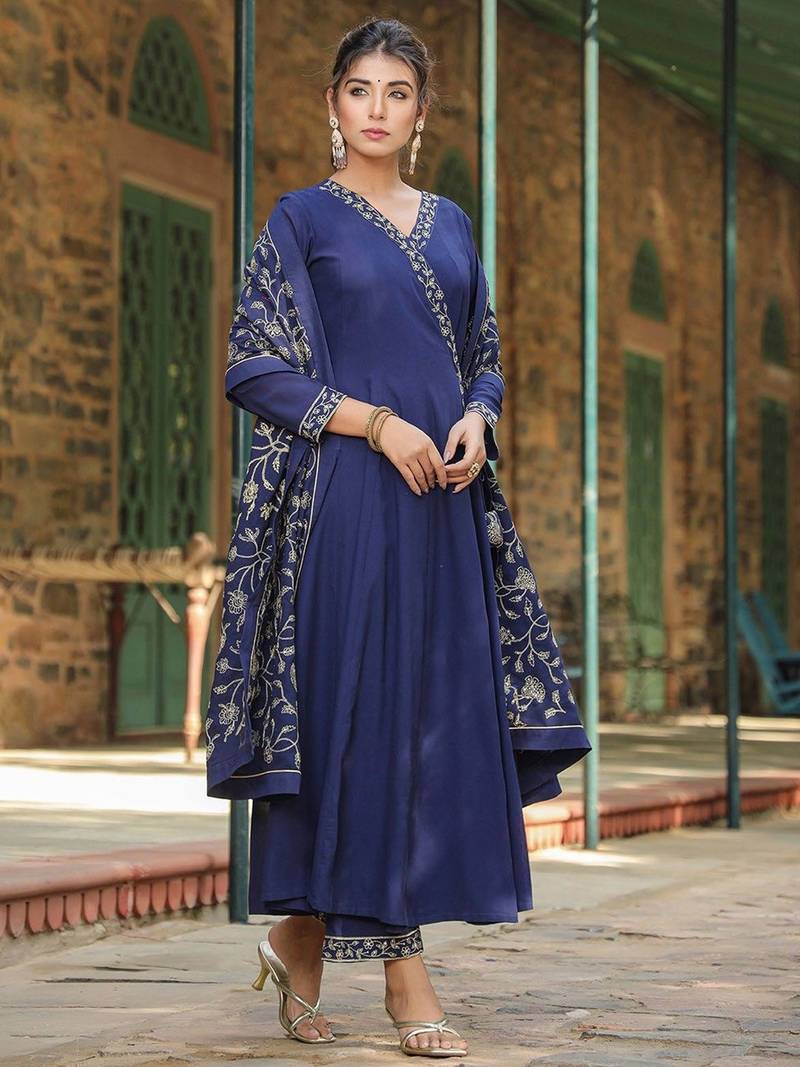 navy blue color embroidered poly georgette styles kurta palazzo with dupatta