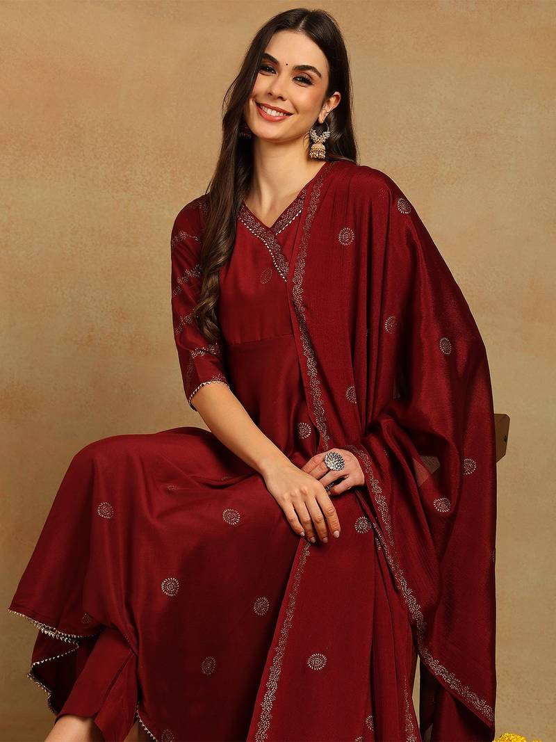maroon color woven design silk blend styles kurta trouser with dupatta