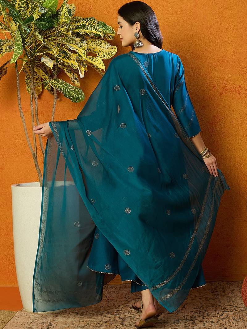 teal color woven design silk blend styles kurta trouser with dupatta