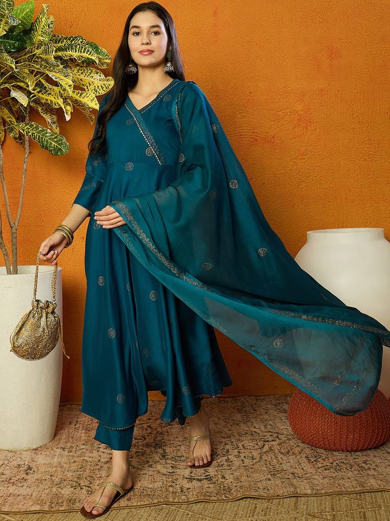 women teal silk blend solid woven design anarkali kurta trouser with dupatta