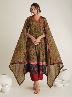 Olive green hand block printed cambric cotton suit 1