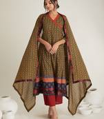 Olive green hand block printed cambric cotton suit